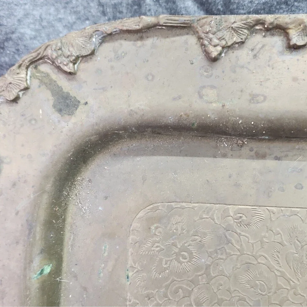 Brass (?) Rectangular Serving Tray w/ Handles Grapevine/Floral Pattern 24 x 14.5
